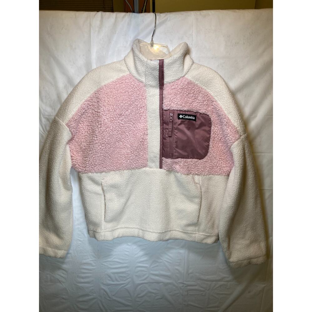 Columbia Women's Lodge Sherpa Pullover, Chalk & Dusty Pink & Fig, Size Medium